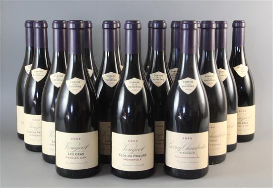 Seven bottles of Vougeot, Clos Du Prieure, Monopole, 2000, 6 x Vougeot Les Cras Premier Cru  and 5 others.